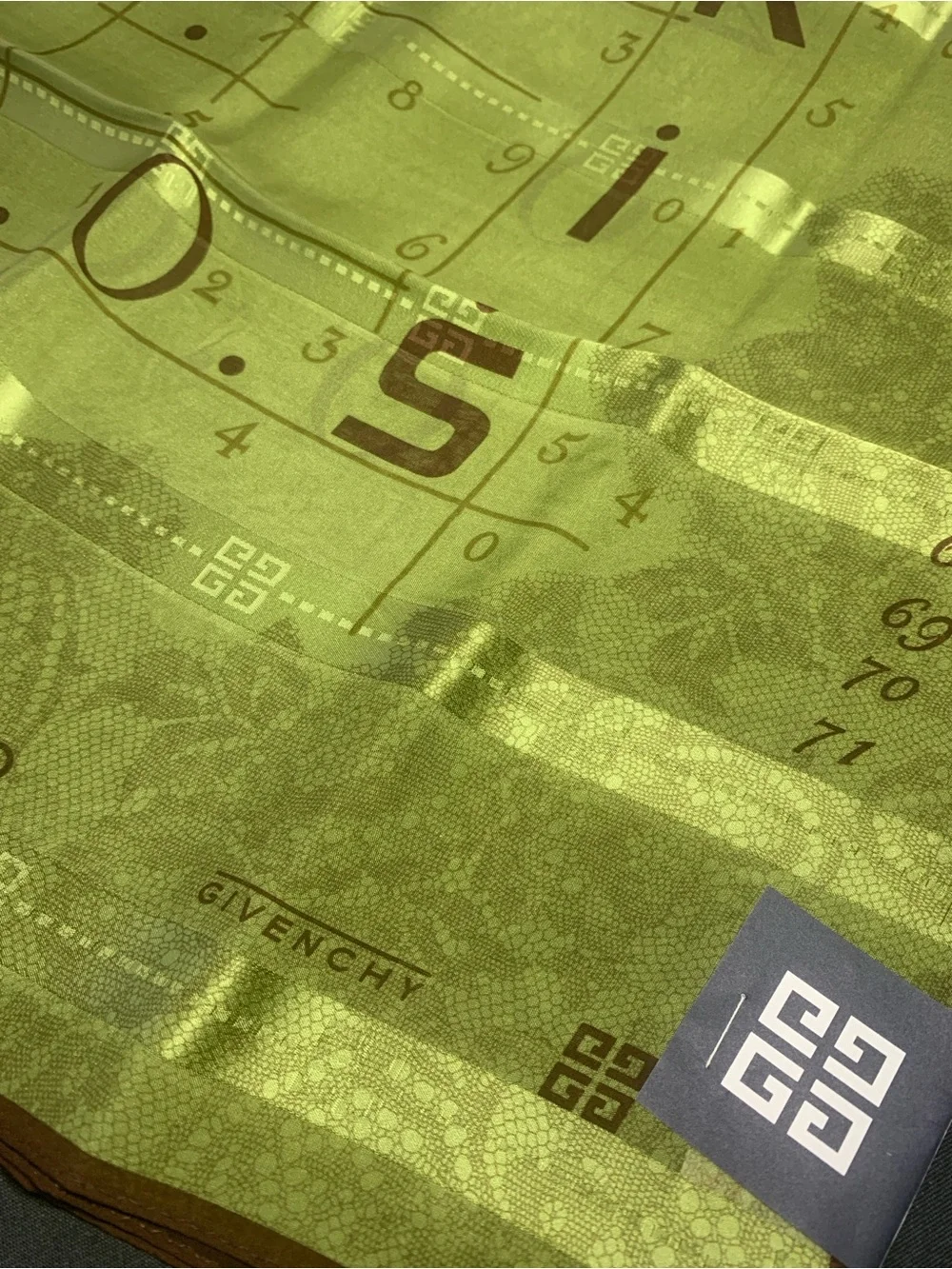 Givenchy Lime Green and Brown Logo Silk Scarf